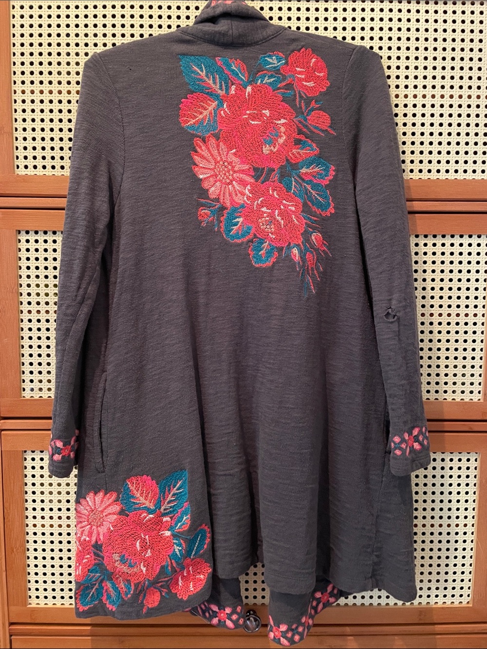 J Jill Open-Front Gray Women's Sweater Cardigan Pink Floral Embroidery- XS FLAWS